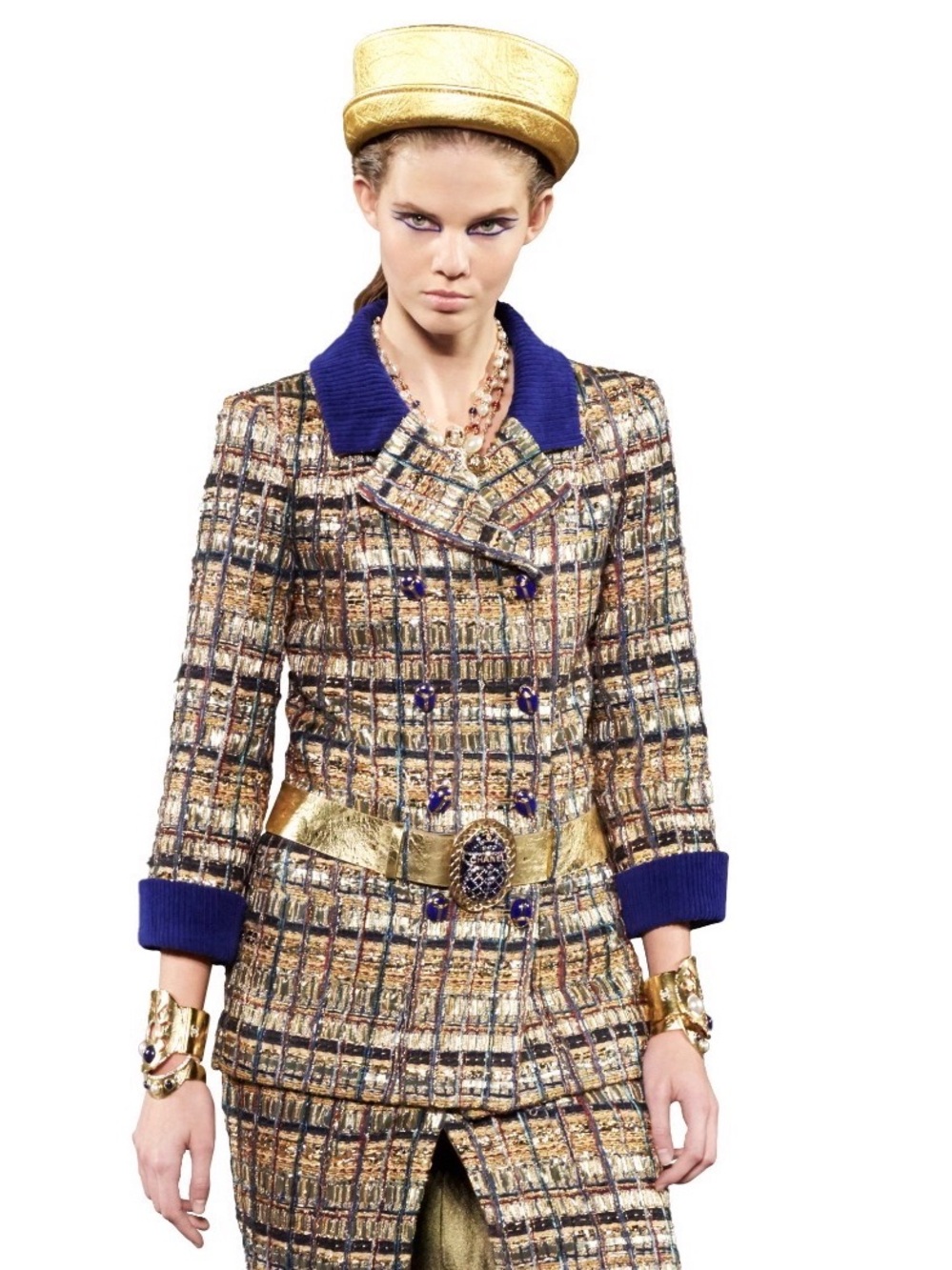 CHANEL Gold Tweed Blazer with Royal Blue Trim